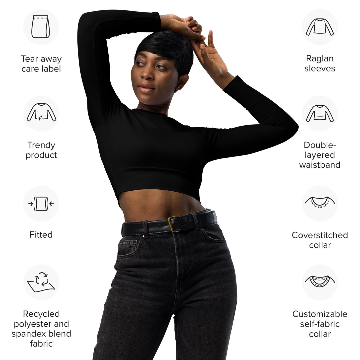 Classic Black Recycled Long-Sleeve UPF 50+ Crop Top